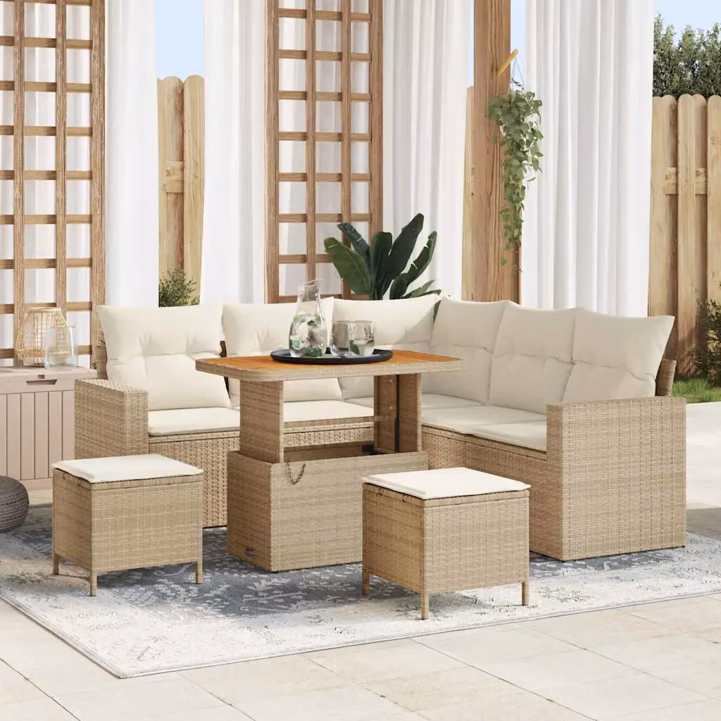 Set Divano da Giardino vidaXL 9 Pezzi con Tavolino e Ottoman, Design Moderno a L, Colore Beige e Bianco – 1