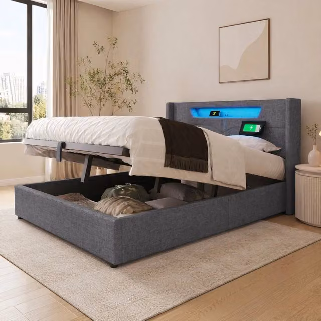 Letto Matrimoniale REDOM Grigio con Base a Sollevamento, Illuminazione LED e Porta USB Type C, L/P: 140 x 200 cm