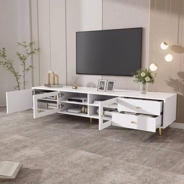 Mobile TV bianco moderno 170×40×43 cm con 2 cassetti, 2 ante in vetro e 1 anta armadio