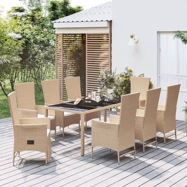 Set da pranzo da giardino vidaXL in legno di acacia e polyrattan con tavolo in vetro e 9 pezzi con cuscini beige e bianchi – 1