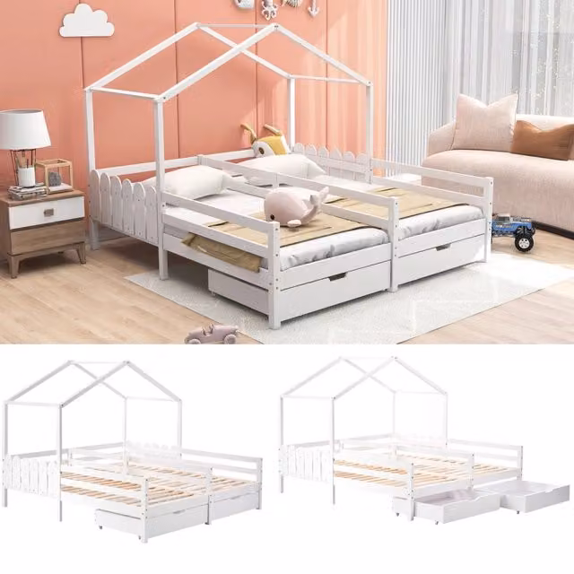 Letto casetta per bambini con due cassetti; doppia rete 90 x 200 cm; pino e MDF; bianco