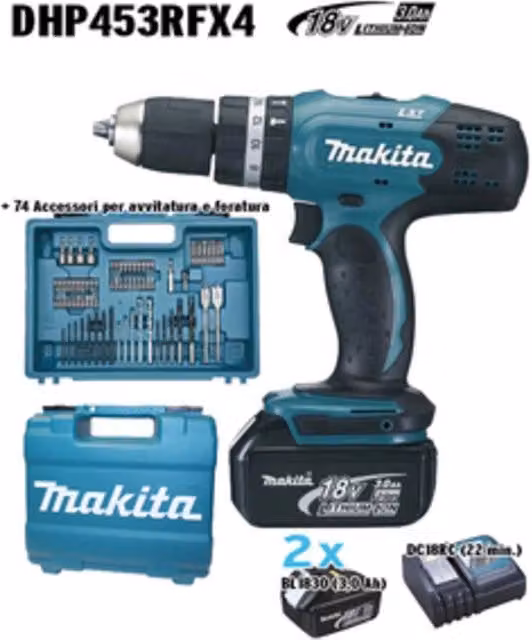 Makita Trapano con Percussione DHP453RFX4 18V LXT con 74 Accessori
