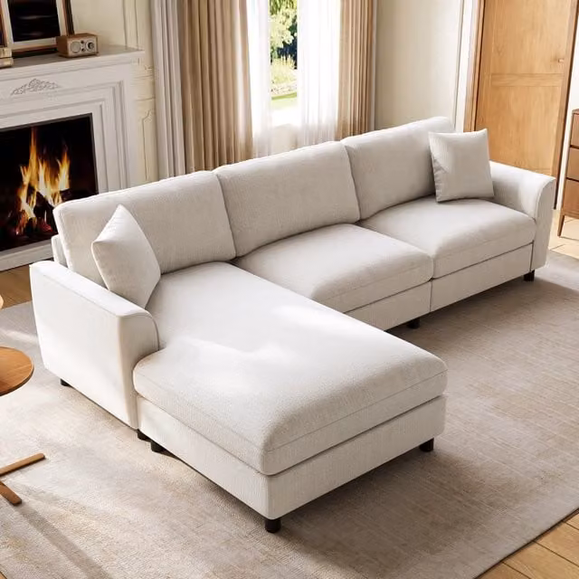Divano angolare effetto nuvola 3 posti 256x137x79 cm; divano modulare convertibile con grande chaise longue; superficie letto 90 cm; ciniglia; beige
