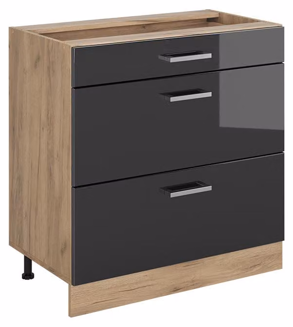Mobiletto base per cucina Vicco R-Line Antracite lucido/Rovere dorato 80 cm con 3 cassetti senza piano di lavoro, Model 72423