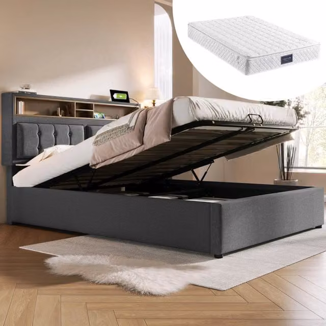 Letto imbottito 160x200 cm con USB-C e contenitore