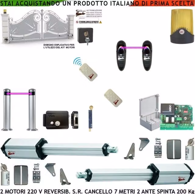 Apricancello da 7 Metri 2 Ante da 3,5 MT Kit Automazione Motori Elettromeccanici 230 V Reversibili Spinta 250 Kg Centrale 2 Coppie Fotocellule 2 Radiocomandi Faro Elettroserratura Paletto Selettore