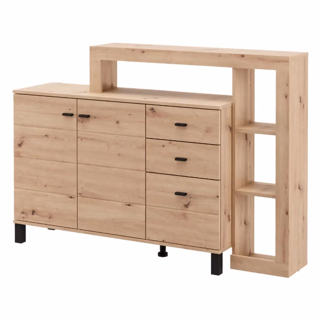 Madia Valiza DMORA, Credenza moderna con 4 ripiani in rovere nodi marrone, L: 145 cm, P: 35 cm, H: 101 cm – 2