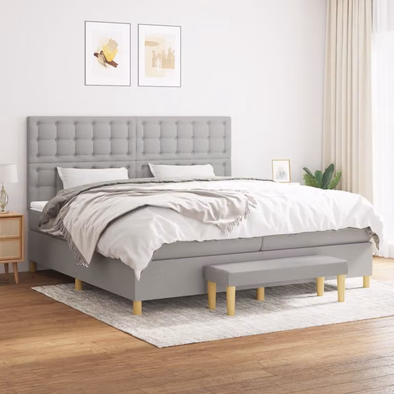vidaXL Giroletto a Molle Ibrido con Materasso in Tessuto Grigio Chiaro e Bianco L/P/H: 200 x 200 x 128 cm