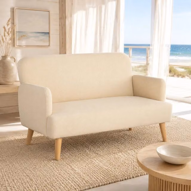 Divano 2 posti in tessuto effetto velluto crema bianco con gambe in legno, 130 x 74 x 79 cm