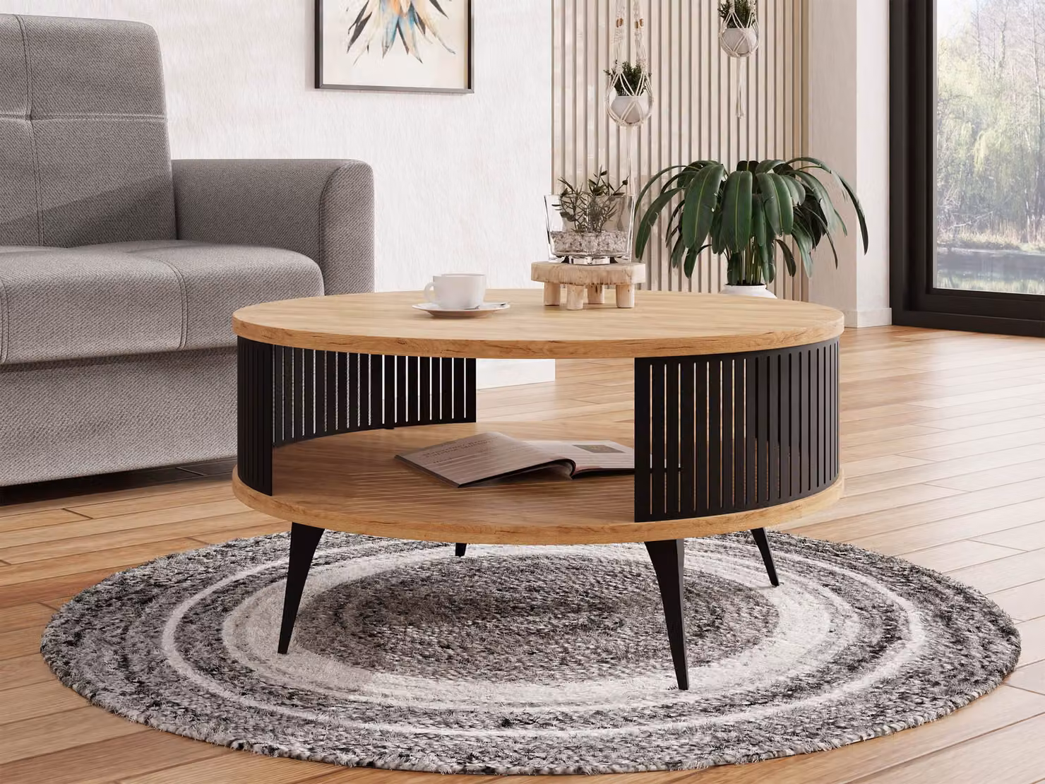 MIRJAN24 Tavolino da salotto Roenni, tavolino da caffè per soggiorno, gambe e fianchi in acciaio (colore: nero / rovere Craft Gold)