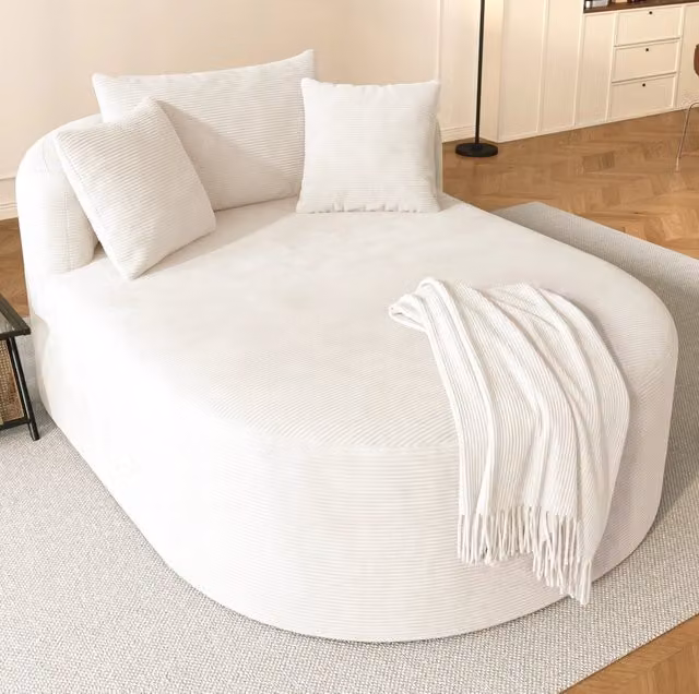 Poltrona relax ovale compressa in velluto a coste; seduta profonda 122 cm; beige chiaro