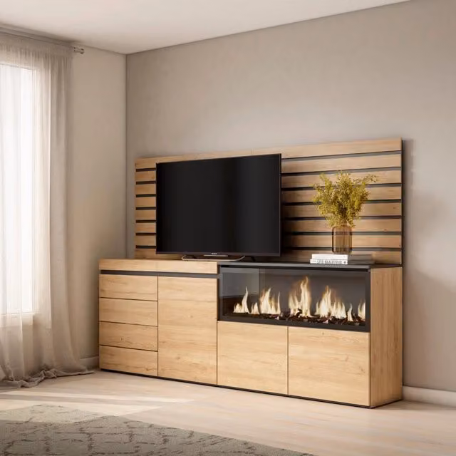 Credenza con Camino Elettrico XXL e Cassettiera SKRAUT HOME, Colore Rovere, L: 214 cm, P: 35 cm, H: 145 cm