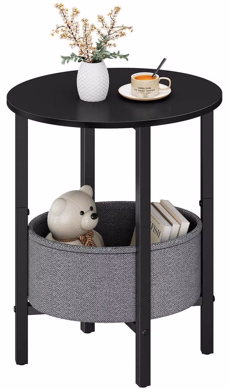 Tavolino laterale rotondo con cesto in tessuto, tavolino da caffè piccolo, comodino moderno, colore nero, dimensioni 40,8 x 32,6 x 62,9 cm