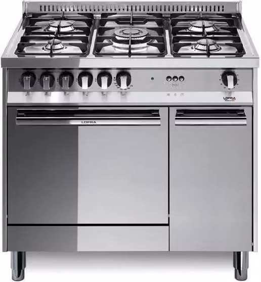 Cucina Freestanding Lofra MR96GV-C in Acciaio Inossidabile con 5 Fuochi a Gas, 2 Forni (Elettrico e Gas da 66 L) e Grill con Convezione, L: 90 cm, P: 60 cm, H: 90 cm