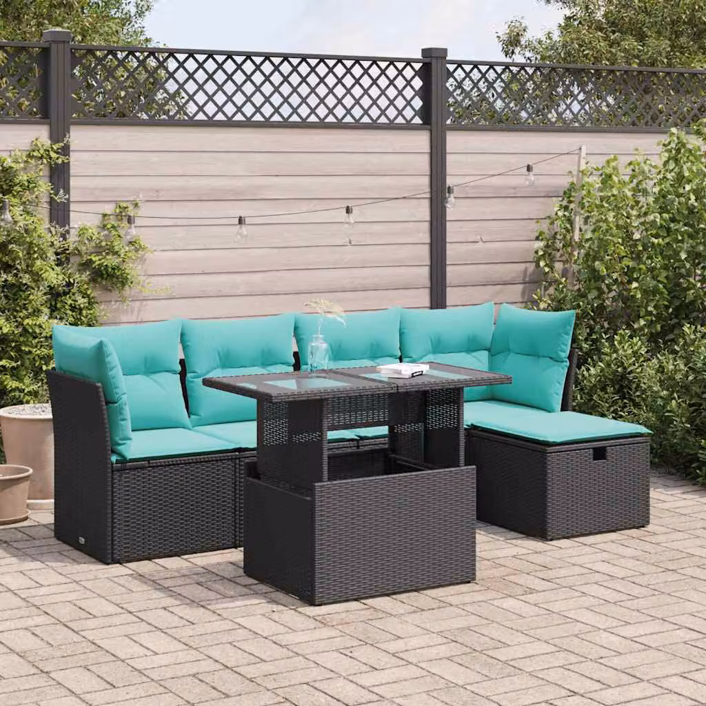 Set Divano da Giardino vidaXL 6 pz in Polyrattan e Legno di Acacia con Cuscini Neri e Blu