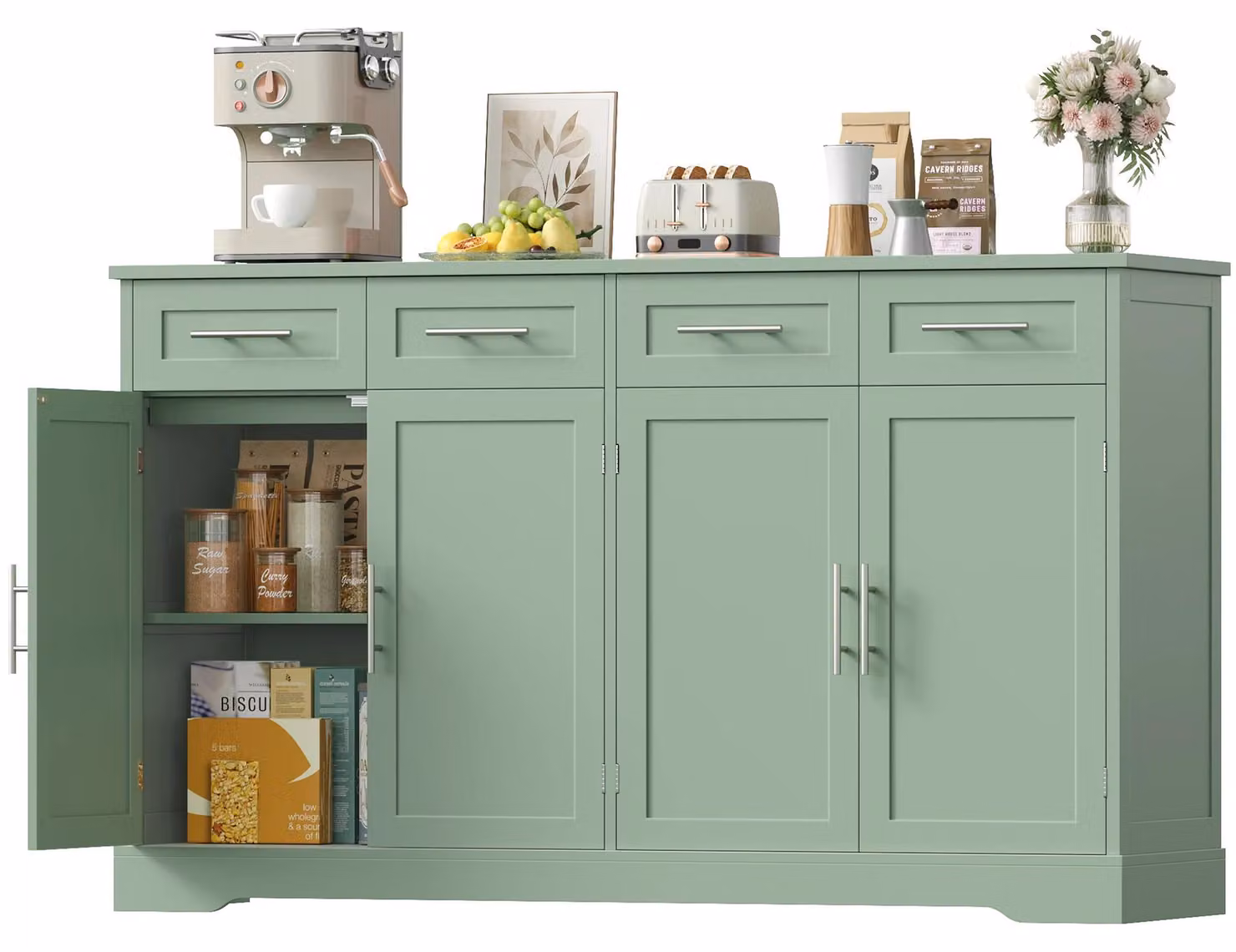Mobile contenitore – Mobiletto da cucina – Larghezza 150 cm – Con piano di lavoro – 4 cassetti – MDF – Verde
