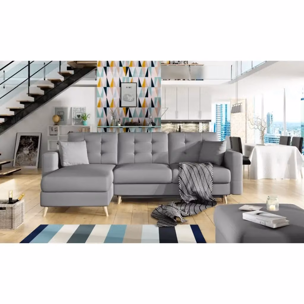 Divano angolare trasformabile MEUBLORAMA grigio con funzione letto e vano contenitore, modello scandinavo reversibile in tessuto, L/P/H: 248 x 162 x 93 cm – 2