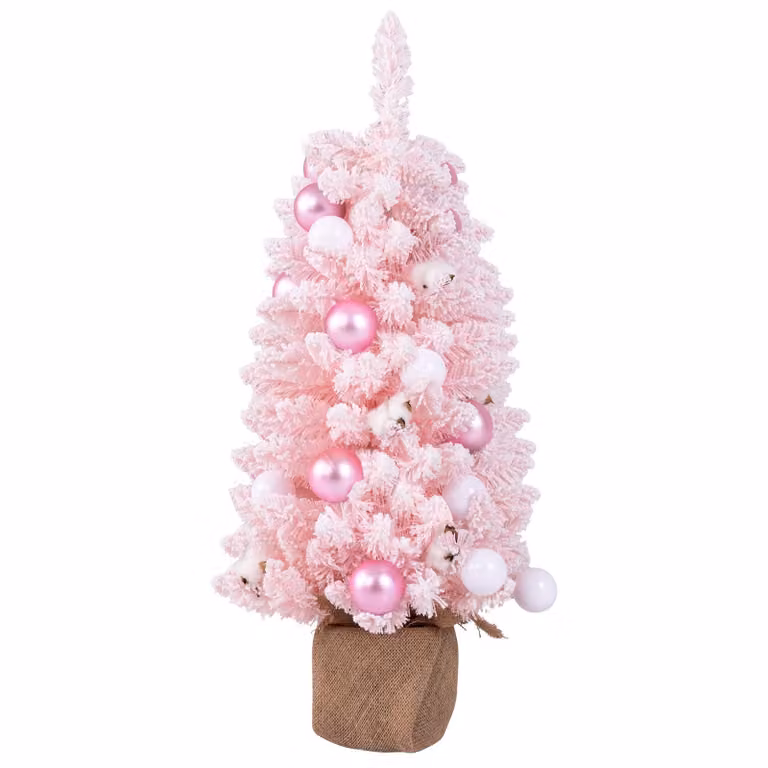 90 CM Mini albero di Natale, albero da tavolo artificiale con 12 palline di cotone naturale, 24 palline decorative e 136 rami, albero decorato innevato, rosa