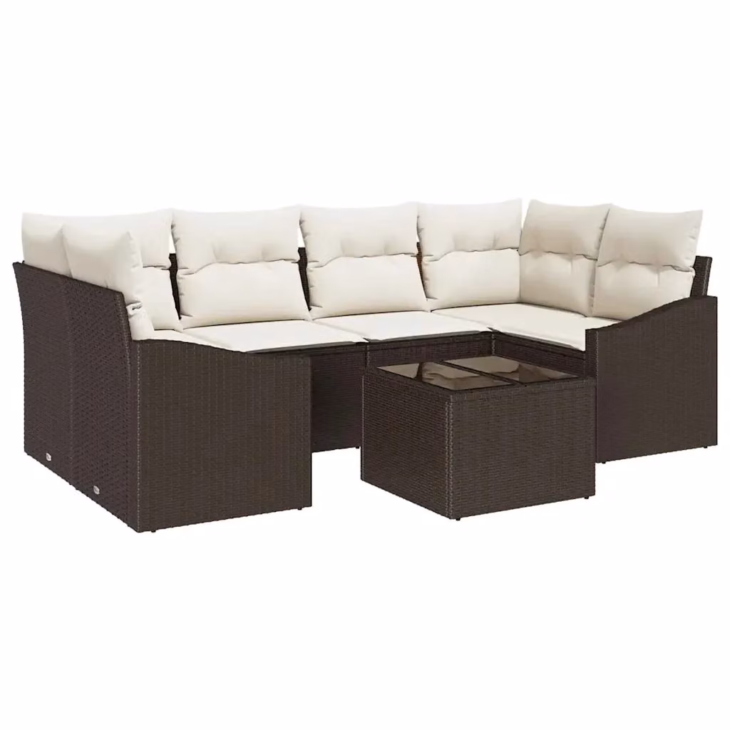 Set di divani da giardino vidaXL a forma di L composto da 7 pezzi con cuscini e tavolino, Marrone e Beige – 2
