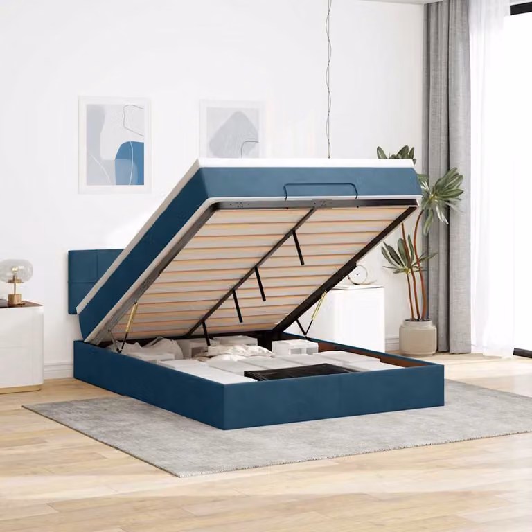 Letto con contenitore a sollevamento e materasso vidaXL in velluto blu, L: 200 cm, P: 140 cm, H: 88 cm