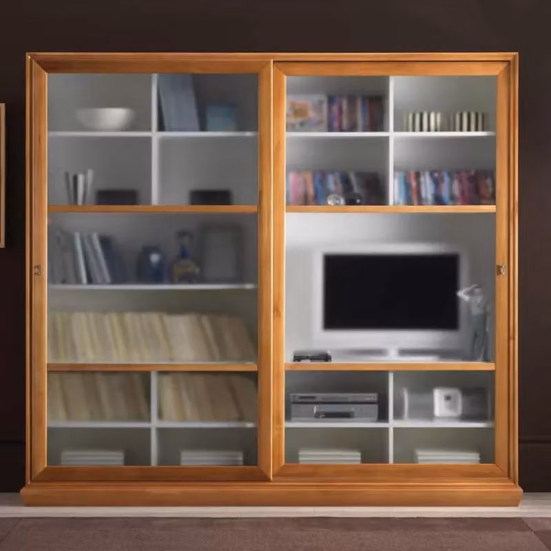 Libreria porta TV classica in legno con 2 porte scorrevoli e inserti in vetro di Mobili 2G, colore noce, L: 244 cm, P: 42 cm, H: 217 cm – 1