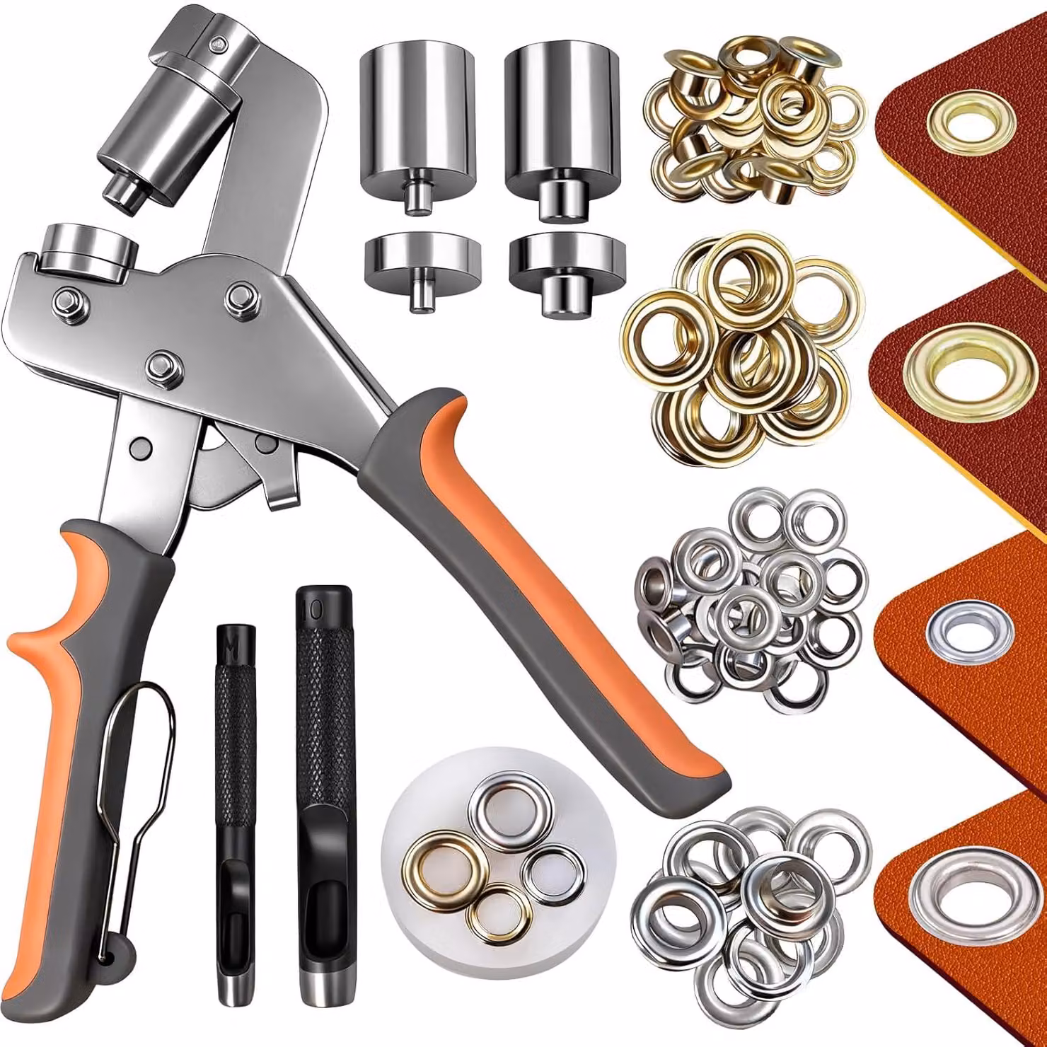 500 occhielli metallici, con punzoni per fori da 1/4" e 3/8", ideali per la lavorazione del cuoio