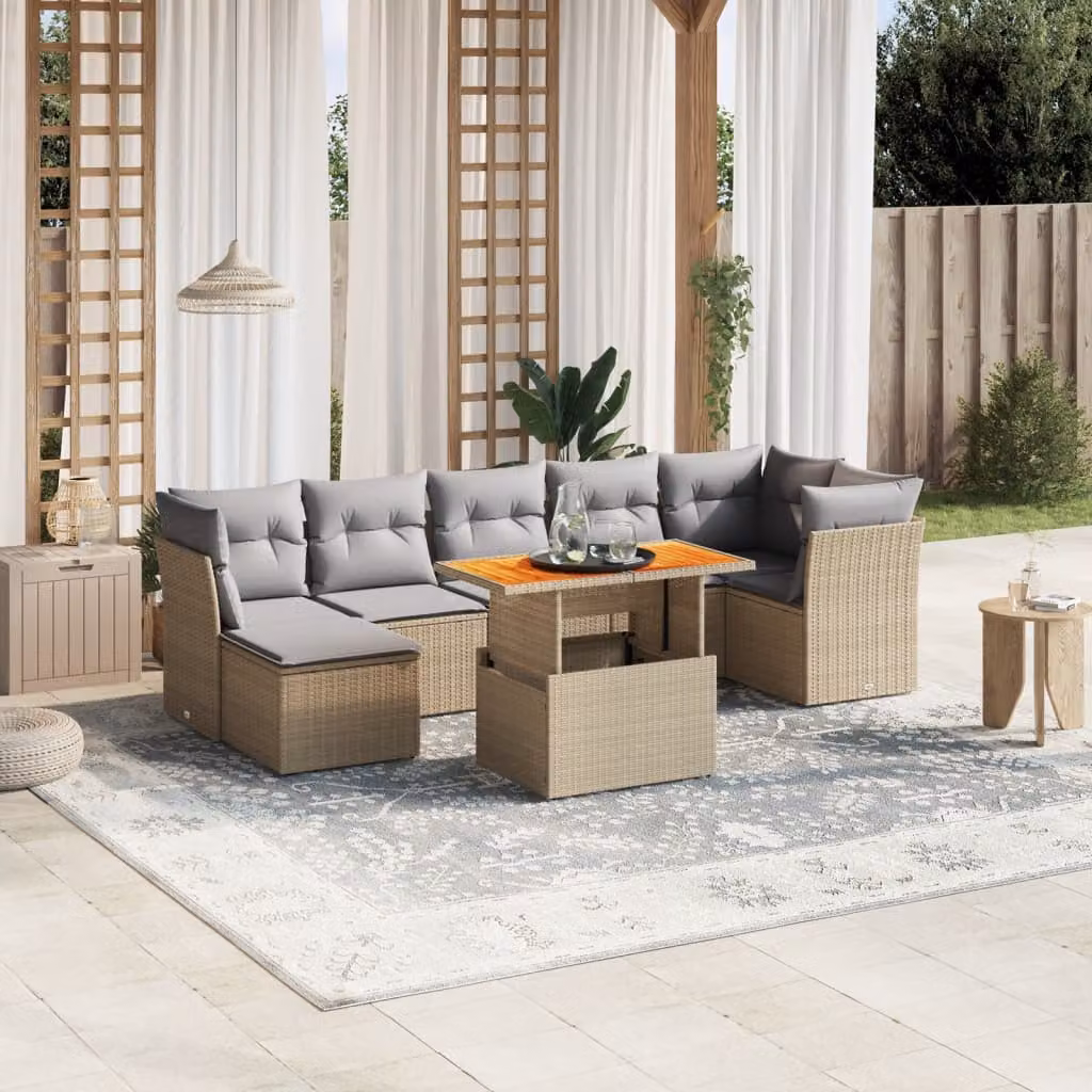 vidaXL Set Divano da Giardino 8 pz a L in Polyrattan con Cuscini Beige e Grigio e Tavolino da Caffè – 1