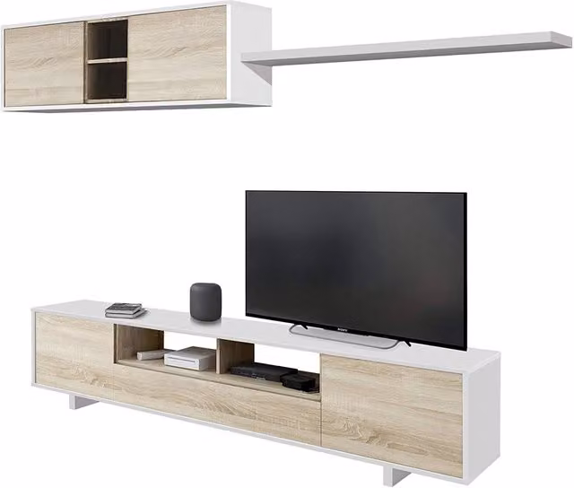 Parete Attrezzata Mobile Porta TV Basso Con 3 Vani Chiusi E 2 A Giorno Pensile Per Soggiorno Zona Living Design Moderno Minimal 200 x 42 x 47 Cm Colore Bianco E Rovere