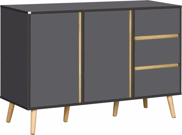 Credenza bassa con 2 ante e 3 cassetti, mobile contenitore in stile scandinavo per casa e soggiorno, grigio antracite, 120 x 40 x 80 cm