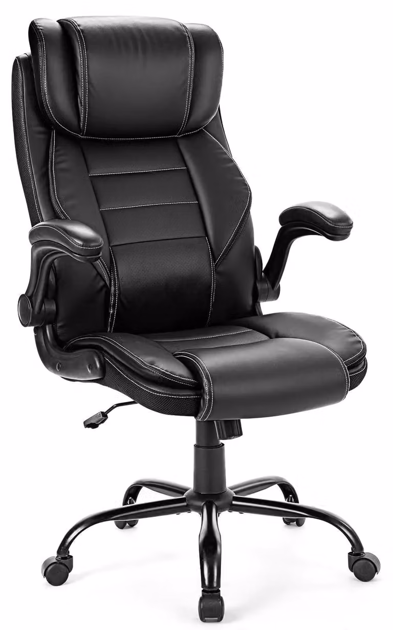 Poltrona direzionale ergonomica - Sedia da ufficio - Schienale alto - Pelle finta - Regolabile in altezza - Rotazione a 360° - Braccioli e rotelle - Interamente nera