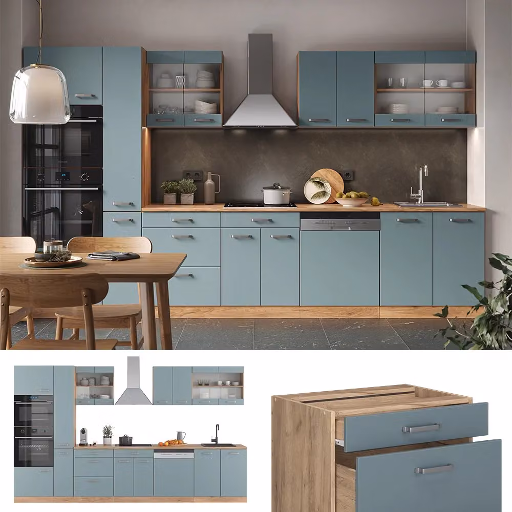 Cucina moderna Vicco R-Line Grigio-blu e Rovere dorato con armadio alto, larghezza: 350 cm – 2