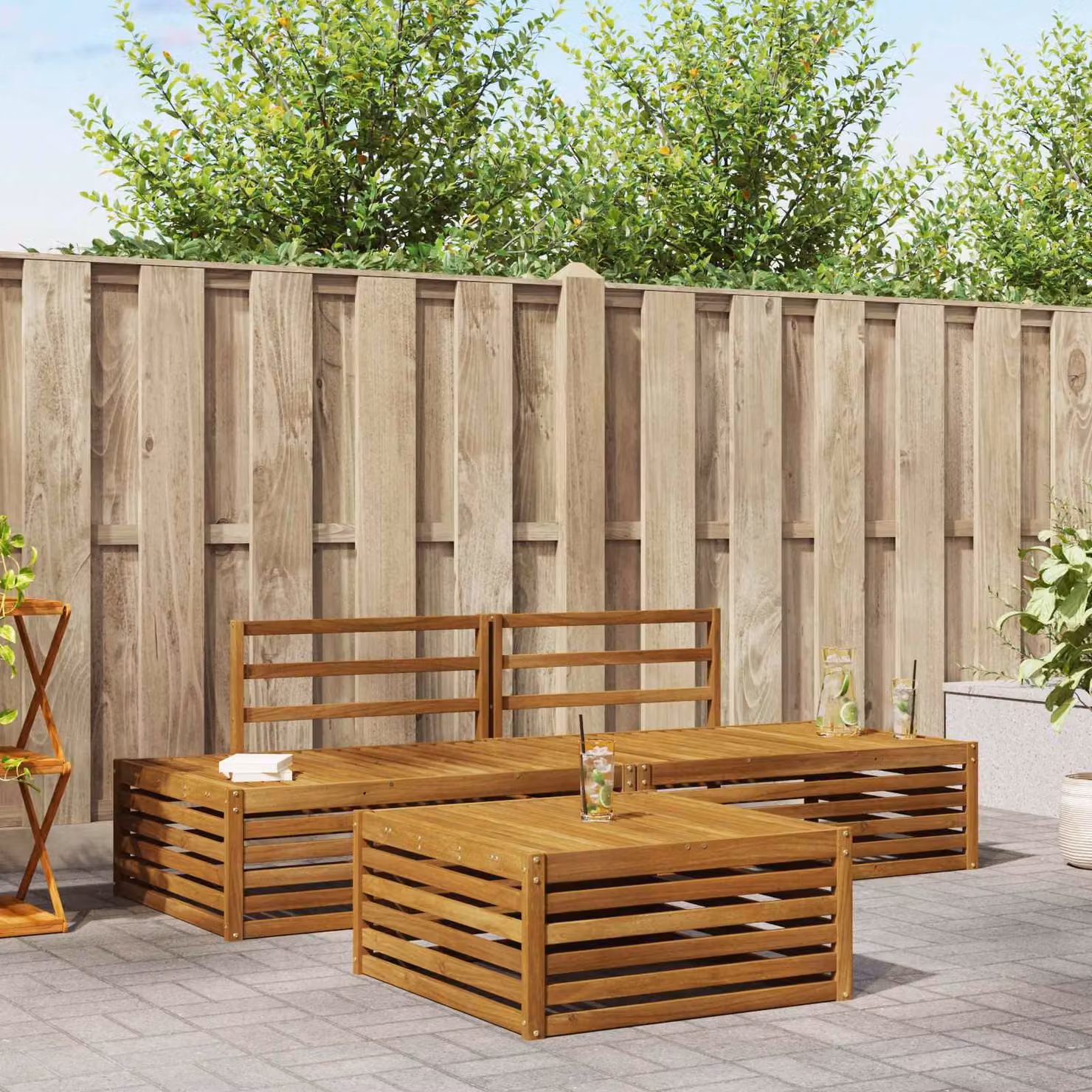 Set da giardino vidaXL composto da 2 divani da esterno a 2 posti, 1 tavolino da caffè e 1 divano angolare a L in legno di acacia massello marrone con cuscini inclusi