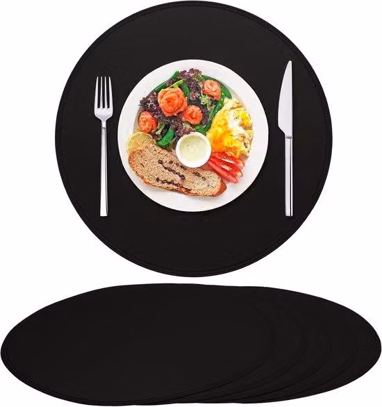 Set di 6 tovaglioli da tavola rotondi in pelle spessa, impermeabili, antiscivolo, lavabili, resistenti all'olio e ai graffi, adatti per la cucina e la sala da pranzo (neri)