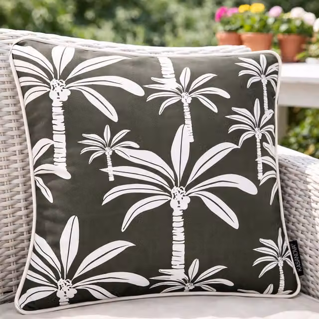 Cuscino arredo KASANOVA idrorepellente con motivo floreale palme, grigio, 40 x 40 cm