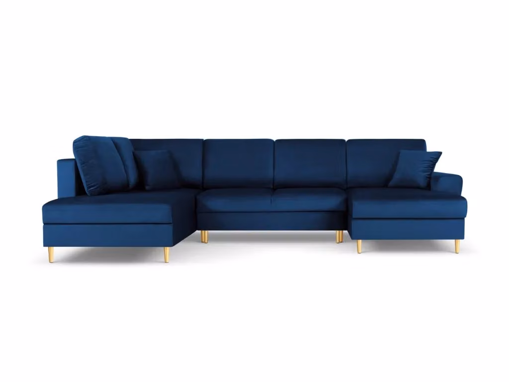 Divano panoramico convertibile Kyoto Cosmopolitan Design con contenitore, 7 posti, velluto blu e oro, L 313 cm x P 194 cm x H 88 cm – 2
