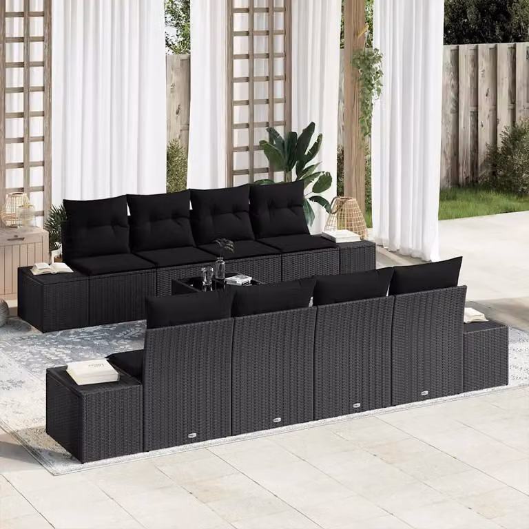 Set Divano da Giardino vidaXL 8 pz in Polyrattan Nero con Cuscini e Tavolino