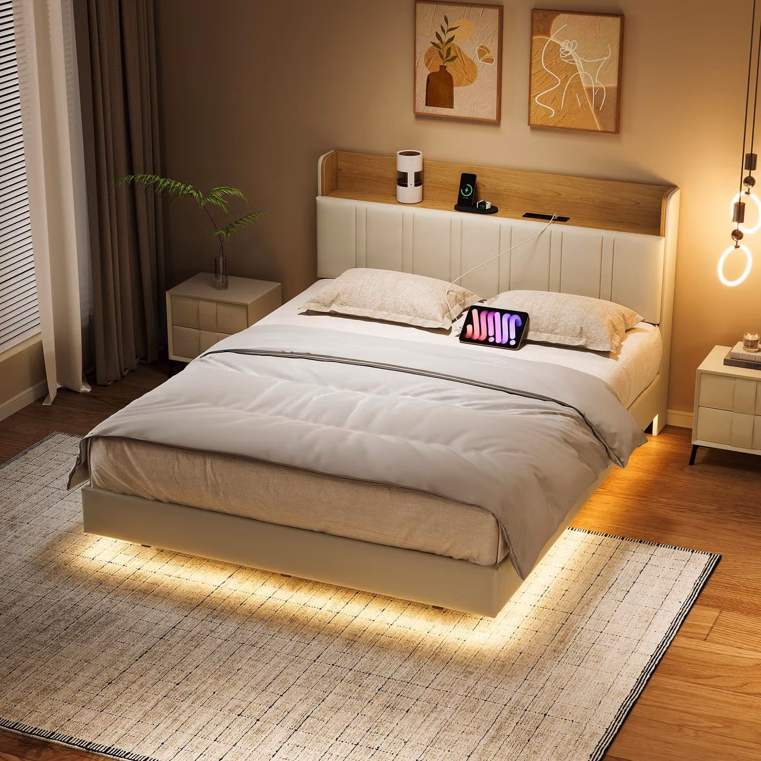 Letto imbottito 160x200 cm inPoliuretanobianco e legno chiaro con LED sotto il letto, contenitore sulla testiera, doppie porte USB e tasche laterali (materasso non incluso)