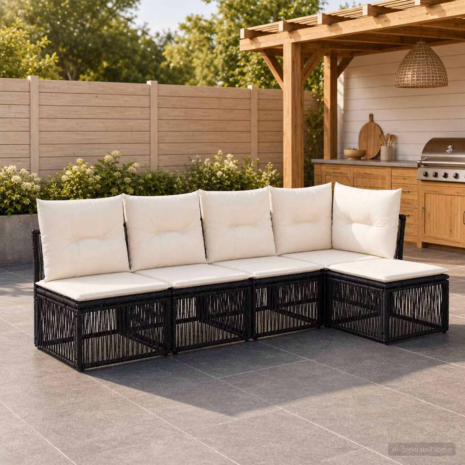 Set Divano da Giardino vidaXL 5 pz a Forma a L con Poltrona e Pouf, Colore Nero, Struttura in Metallo e Polyrattan con Cuscini Inclusi