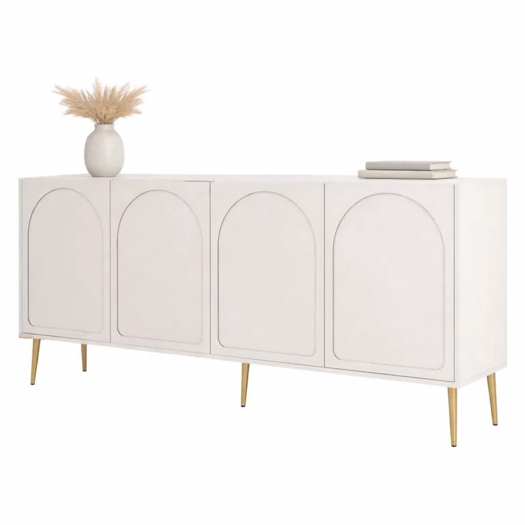 Madia Torno DMORA con 2 ripiani, colore bianco beige e oro, L: 180 cm, P: 35 cm, H: 80 cm – 2