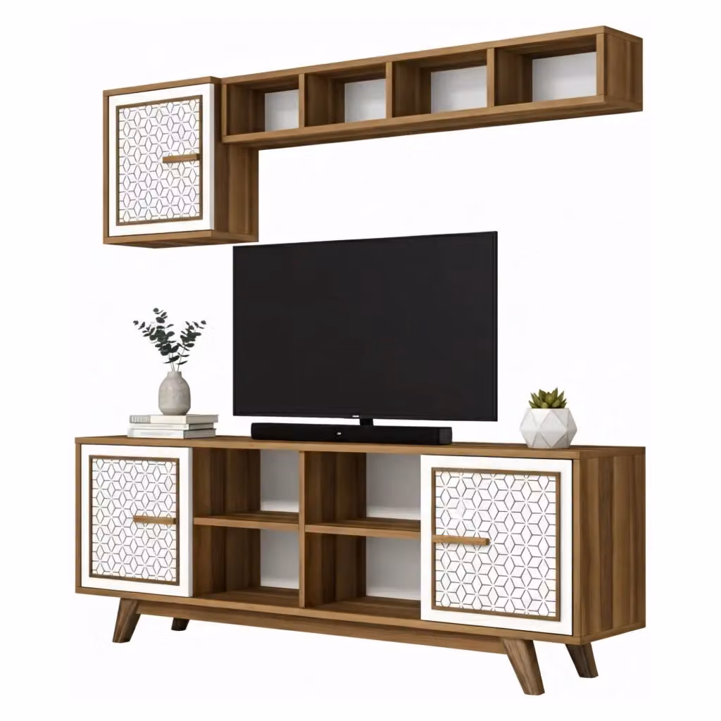 Mobile porta TV Guendalina DMORA, Credenza moderna per soggiorno in legno, L: 160 cm, P: 35 cm, H: 56,2 cm, Noce e Bianco – 2