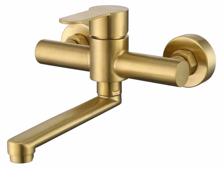 Miscelatore monocomando da montaggio a parete, girevole a 360°, finitura oro spazzolato, 18 cm