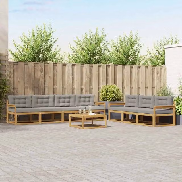 Set di divani da esterno vidaXL in legno di acacia con cuscini, 7 pezzi, Bianco e Grigio – 1