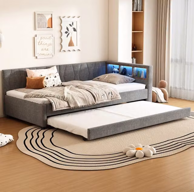 Letto da giorno estraibile ULEVR 90x200 cm con letto supplementare, LED multicolore, USB e Type-C, grigio