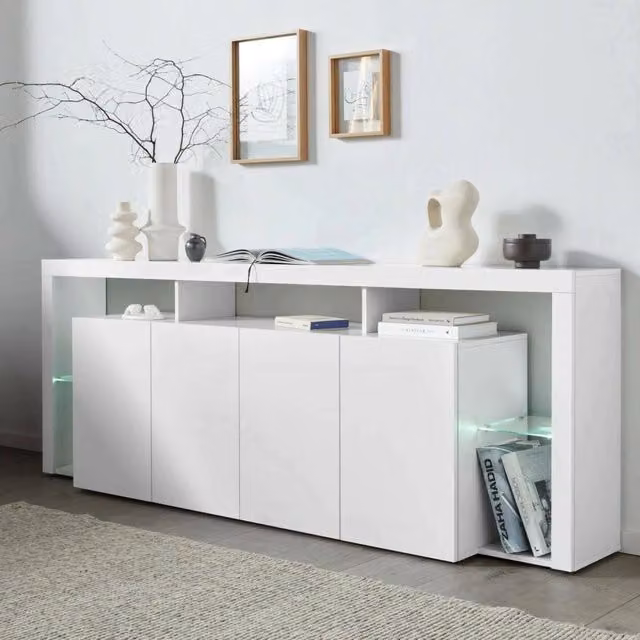 Credenza Atak DMORA moderna in bianco lucido con illuminazione integrata L: 220 cm, P: 40 cm, H: 80 cm