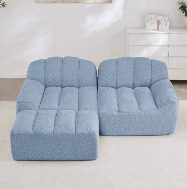 Divano modulare angolare 2 posti con pouf; senza struttura; in fleece granulato blu