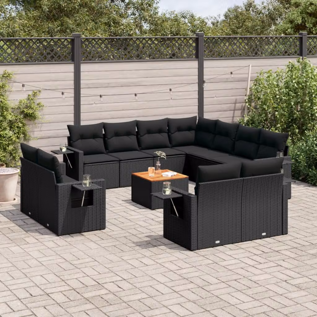 vidaXL Set Divani da Giardino a L con Cuscini Nero in Polyrattan e Legno di Acacia – 1