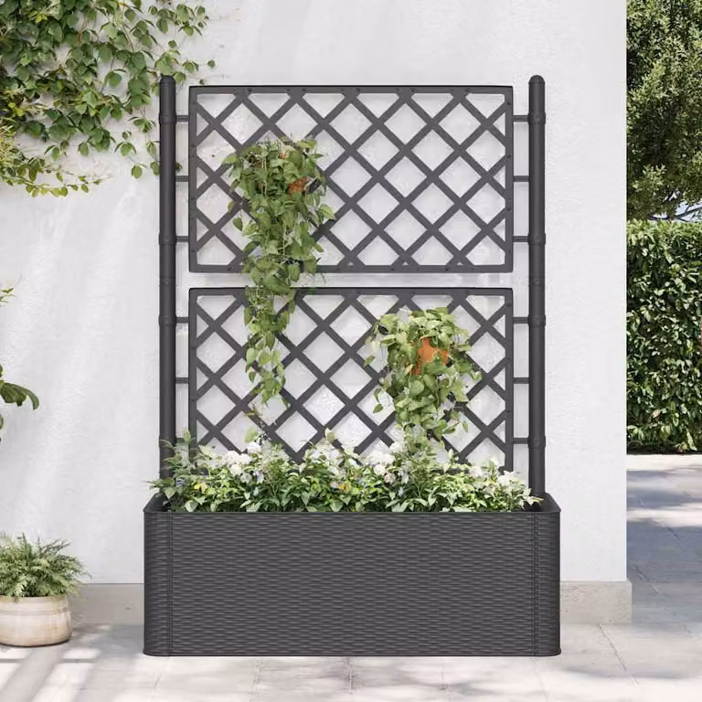 vidaXL Letto Rialzato da Giardino con Graticcio e Irrigazione in WPC Antracite L: 142 cm, P: 90 cm, H: 43 cm