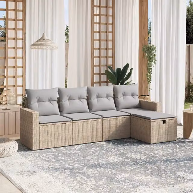 Set Divano da Giardino 5 pz con Cuscini-Sofa da Giardino-Divanetto da esterno Beige Misto Polyrattan 762582