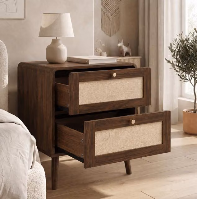 Set di 2 Comodini con 2 Cassetti in MDF e Rattan PE, Design con Angoli Arrotondati e Gambe Rialzate, Colore Noce