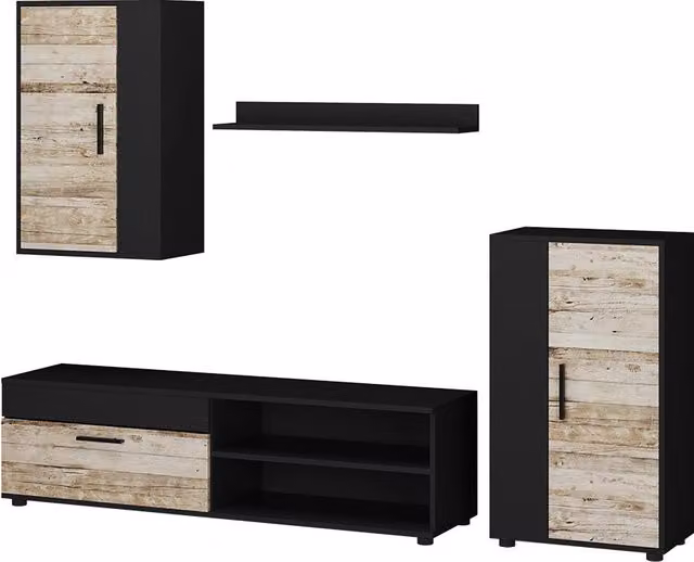 Parete attrezzata Vicco Berno in rovere sabbia e nero, set di 4 pezzi per soggiorno con lowboard, pensili e mensole aperte – 1